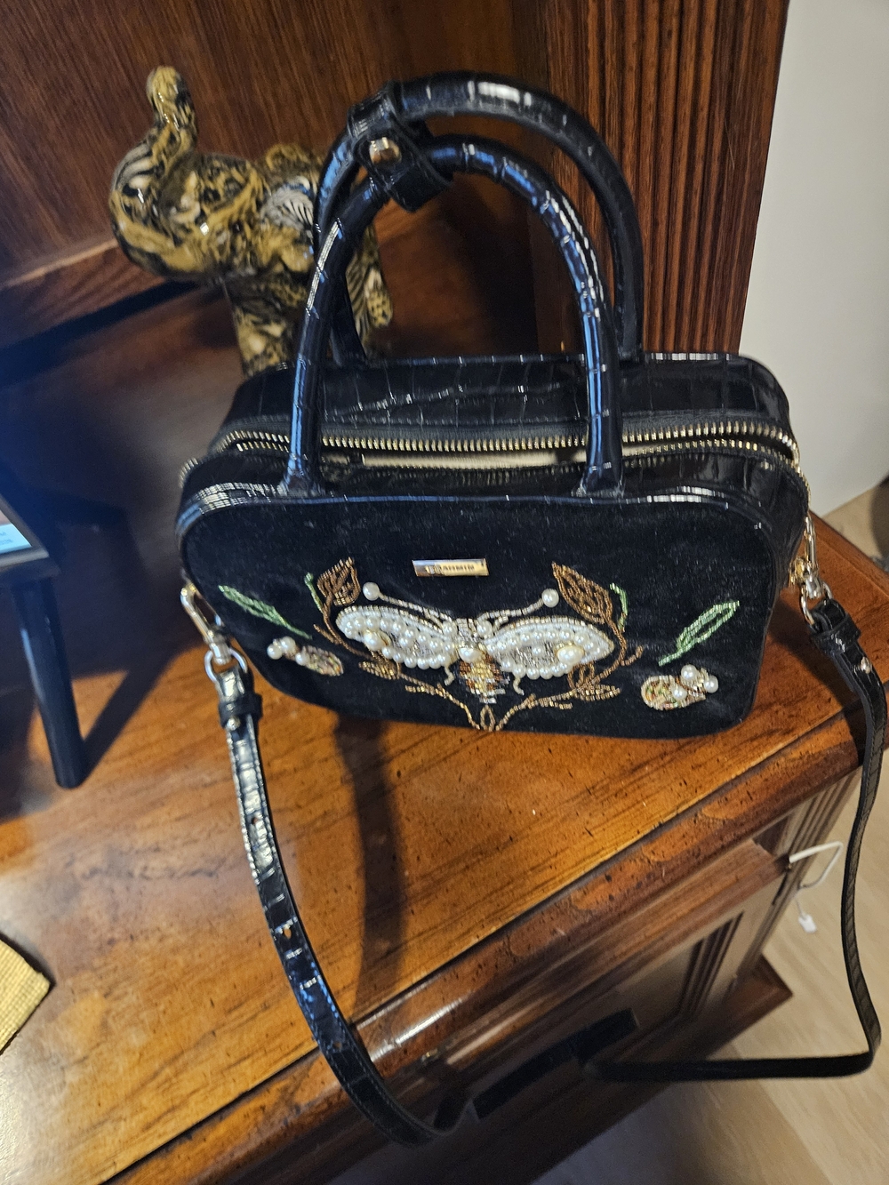 TODAY ONLY $100.  Embellished Black Velvet Satchel with Beaded Bee Motif - Picture 3 of 6